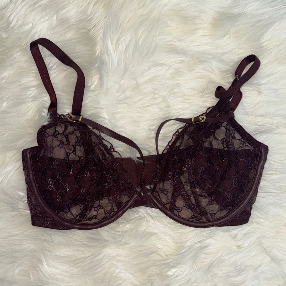 Purple Lace Bra with Intricate Detailing and Sheer Panels